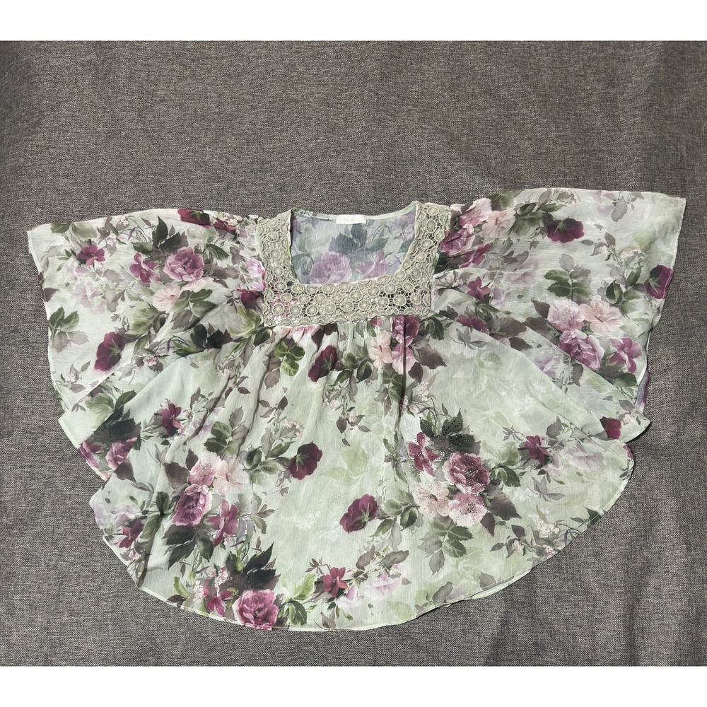 Dressbarn Women's XL Blouse Floral Lace Trim Flutter Sleeve Chiffon